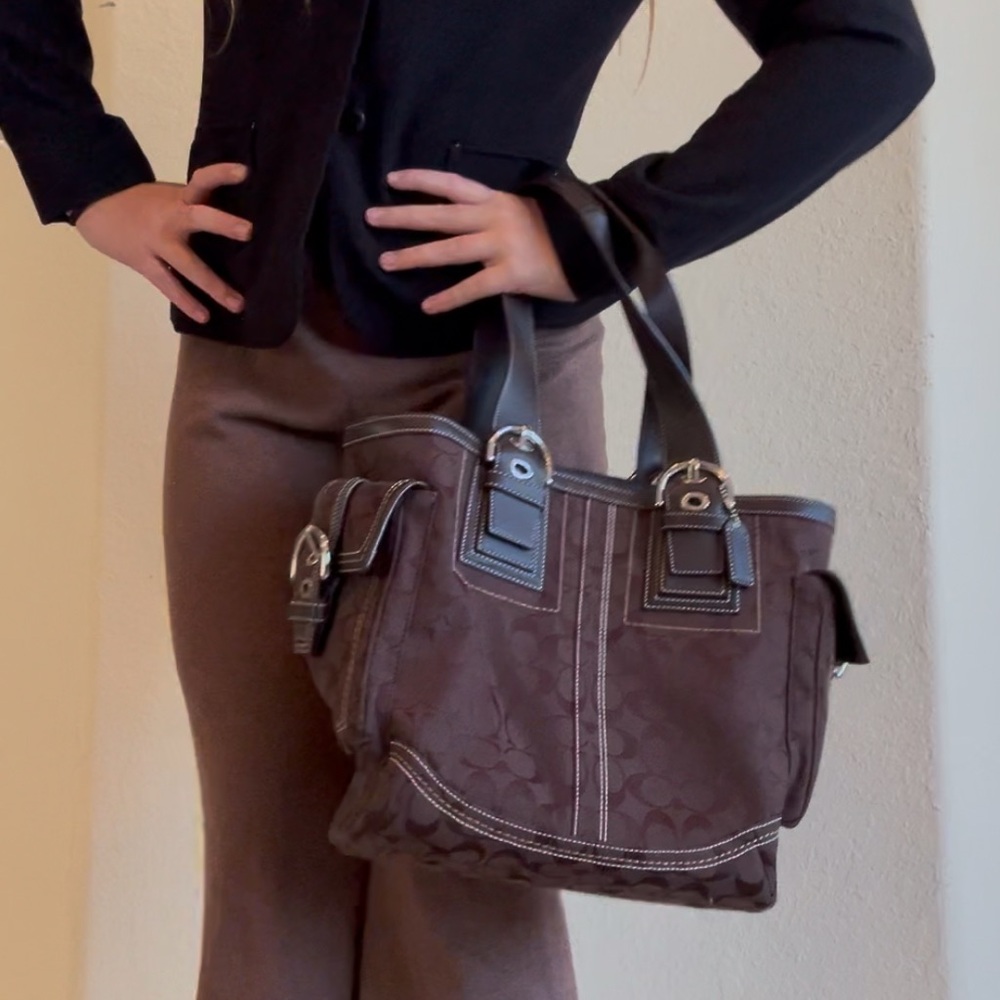 vintage Coach brown leather buckle purse